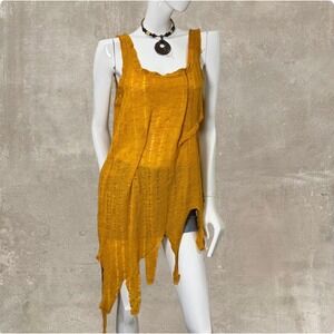 Distressed Knit Tank Dress Mustard Orange Asymmetrical Raw Hem Grunge Fairy